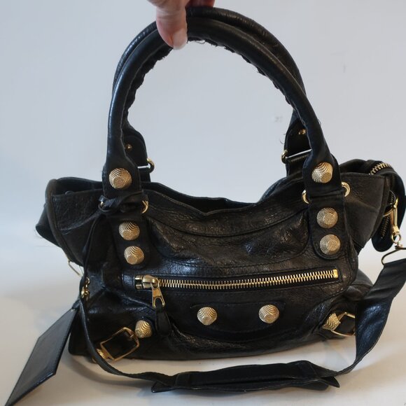 Authentic Womens Balenciaga Paris Black Gold Vintage 2-Way City Leather Handbag - Picture 1 of 16